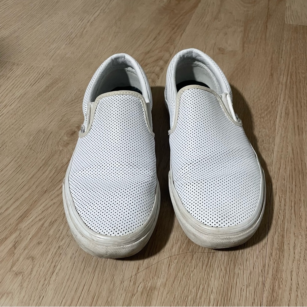 Vans White Leather Slip-On Sneakers